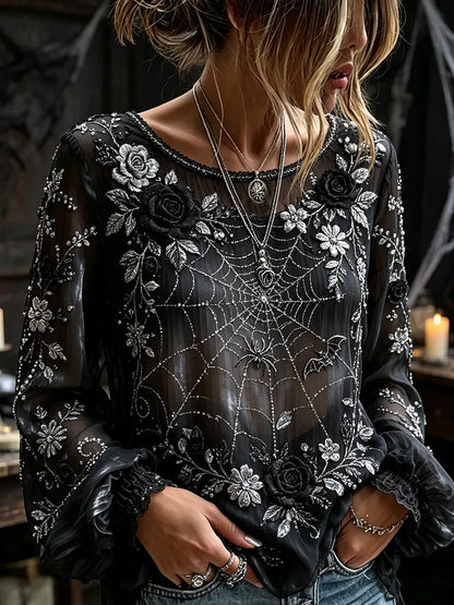 Women's Halloween Floral And Spider Art Black Crew Neck Long Sleeve Top