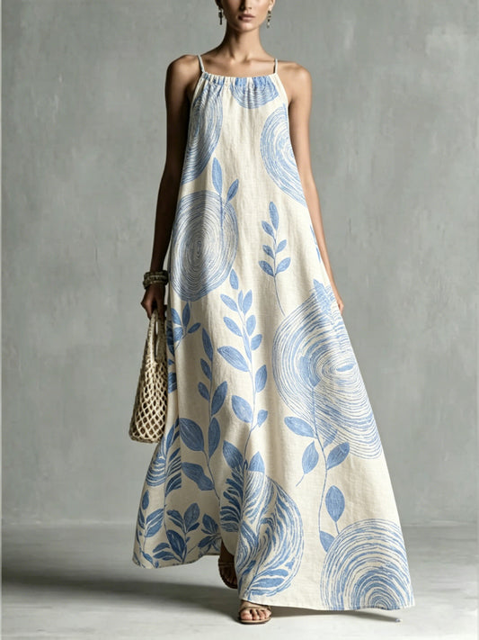 Women's Loose Romantic Print Pleated Spaghetti-Neck Maxi Dresses