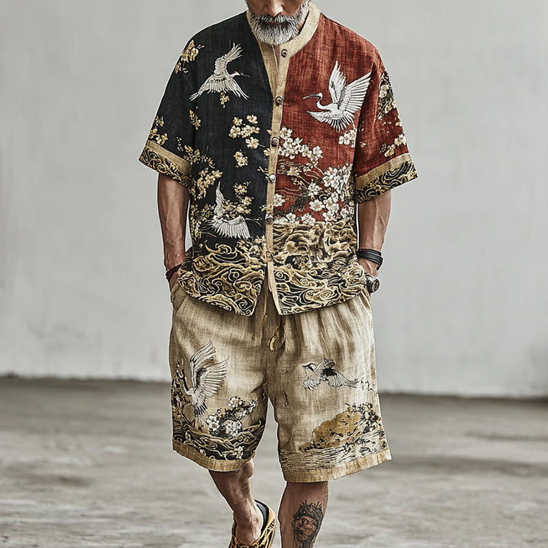 Crane And Cloud Pattern Color-blocked Short-sleeved Shorts Two-piece Set