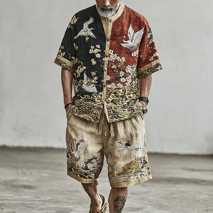 Crane And Cloud Pattern Color-blocked Short-sleeved Shorts Two-piece Set