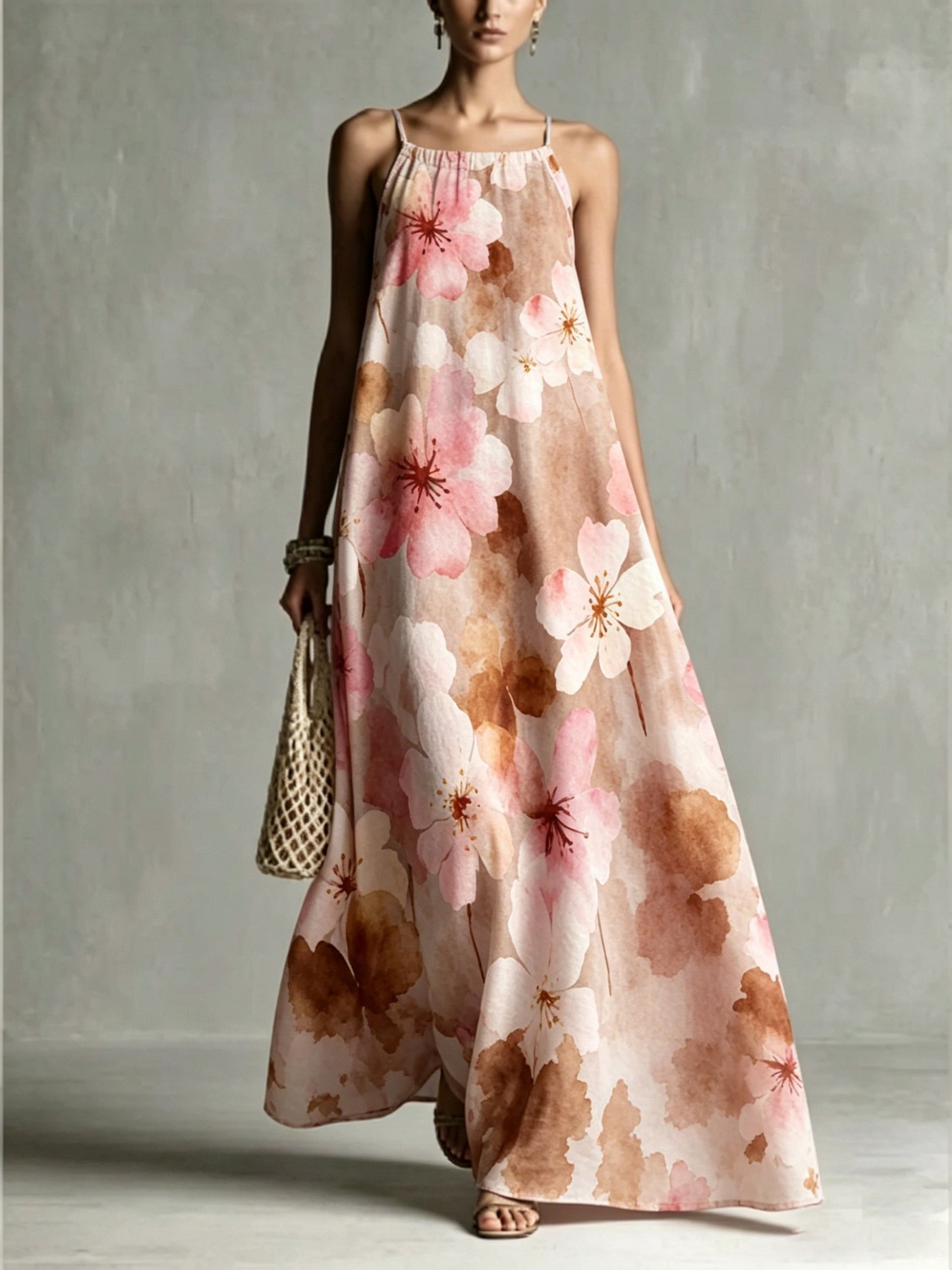 Women's Loose Romantic Print Pleated Spaghetti-Neck Maxi Dresses