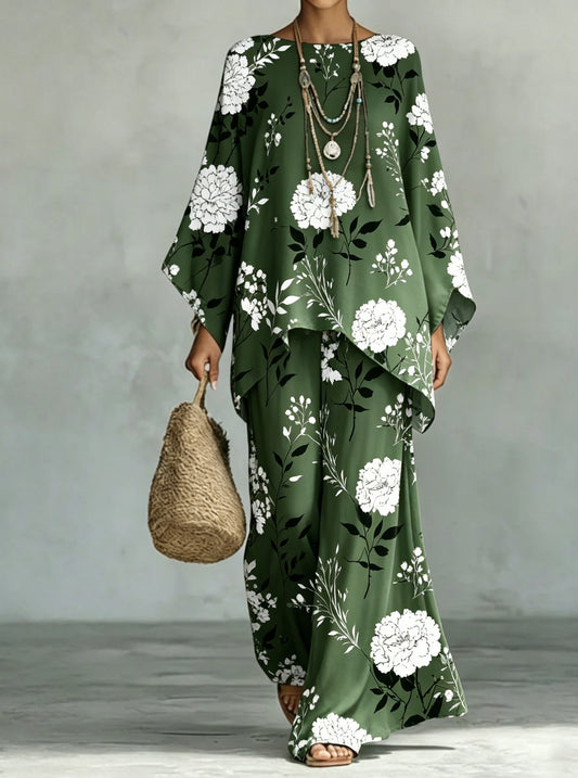 Women's Comfortable and loose print pattern cotton and linen wide-leg pants two-piece set