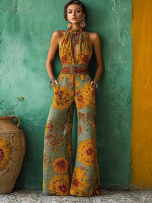 Women's spring/summer cotton and linen casual jumpsuit for vacation.