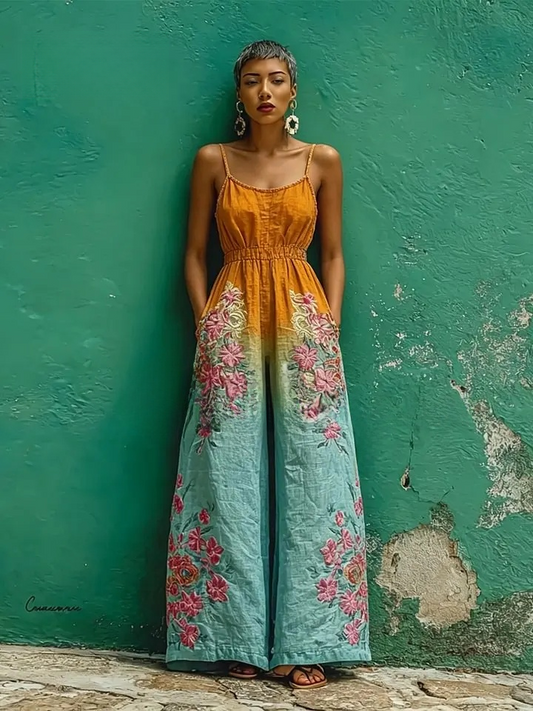 Women's spring/summer cotton and linen casual jumpsuit for vacation.