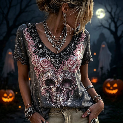 Women's Retro Halloween Style Skull And Rose Sequin Embroidered Print Top